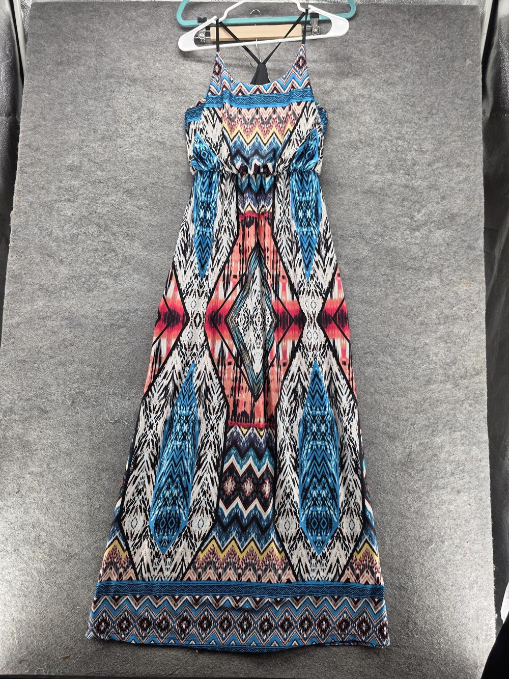 Bailey Blue Dress Womens M Blue Geometric Maxi Sundress Strappy Halter Lined